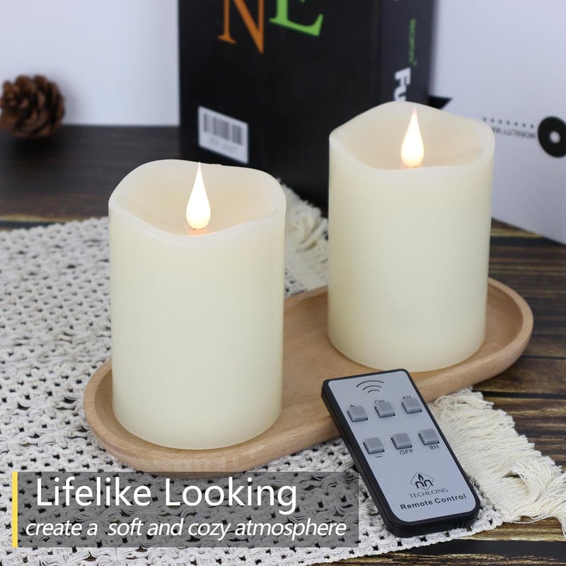 TECHLONG Flameless Candles Battery Operated with Remote Timer, 3D Moving Flame Flickering, Last 600+ Hours Battery Candles, 3" x 4" Ivory Real Wax Electric LED Candle for Wedding Party, Set of 2 - Image 3